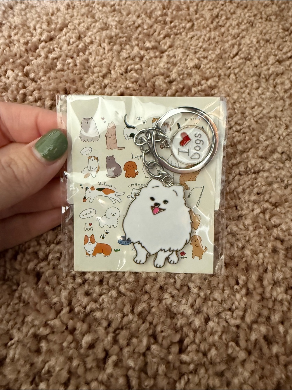 White Pomeranian Dog Keychain with I Love Dogs Charm - Picture 3 of 3